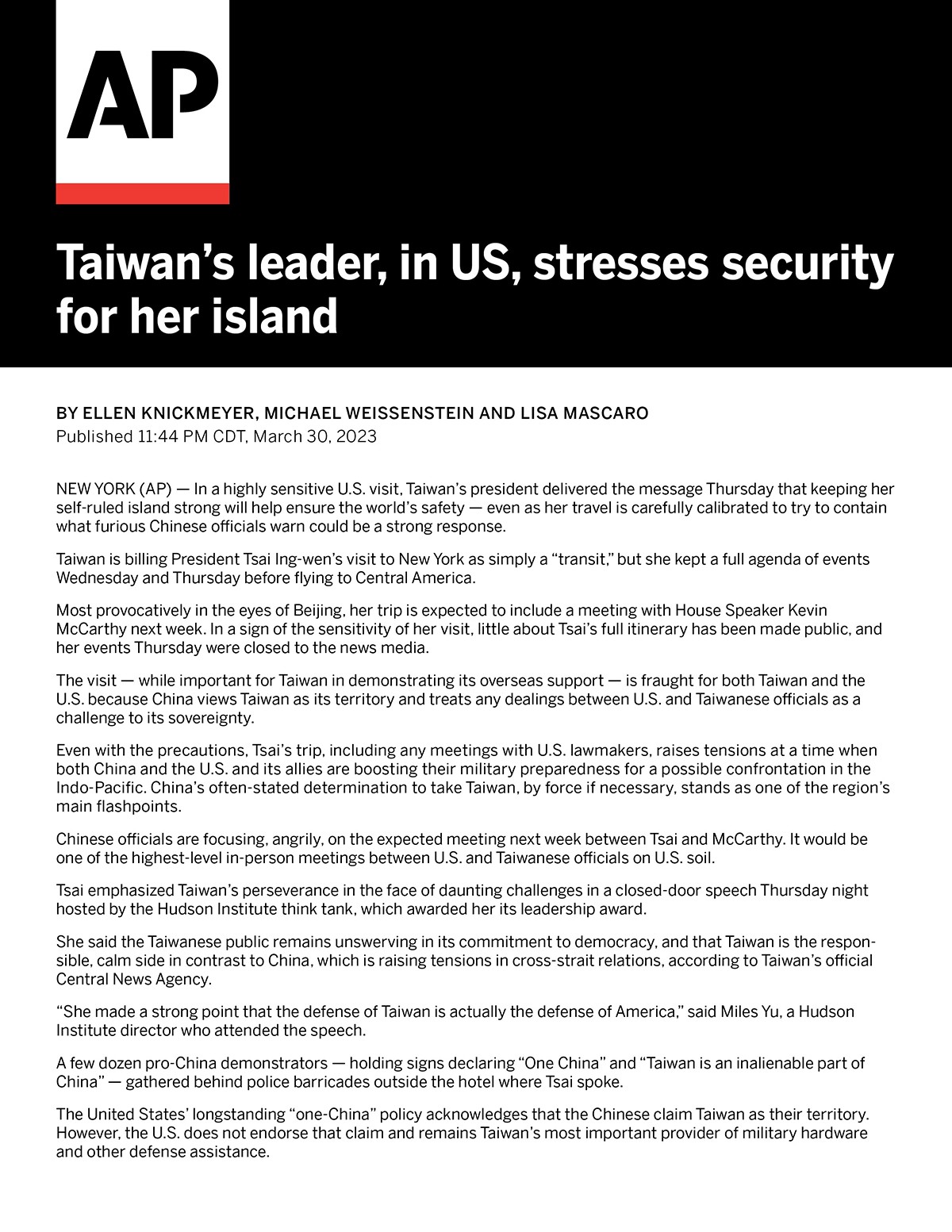 Taiwan's leader, in US, stresses security for her island