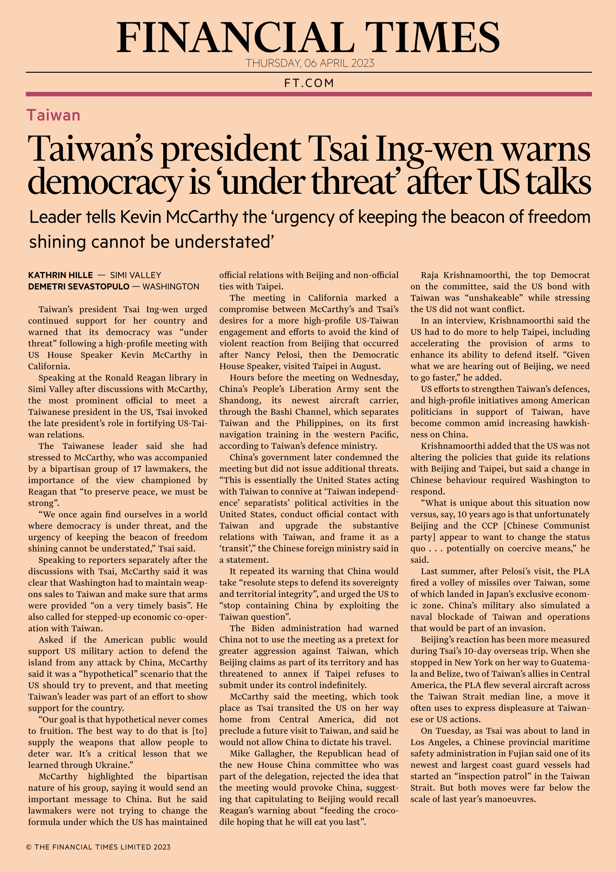 在與麥卡錫議長會談後，臺灣總統蔡英文警示，民主「正受到威脅」